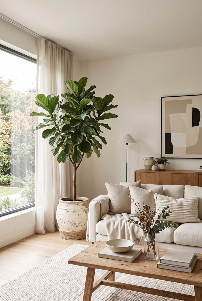 Modern living room with large indoor greenery and natural wood furniture