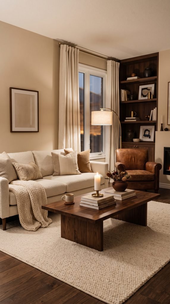 Elegant cozy living room combining cream upholstery with deep brown wood and leather