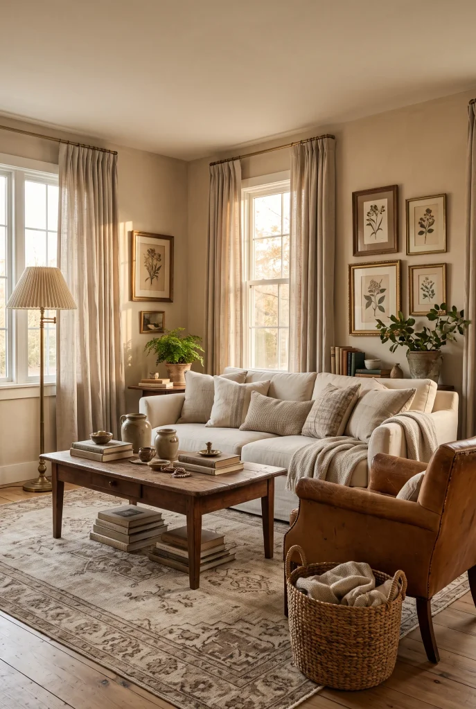 Cozy living room with vintage-inspired walnut furniture, brass lamp, and patterned neutral rug