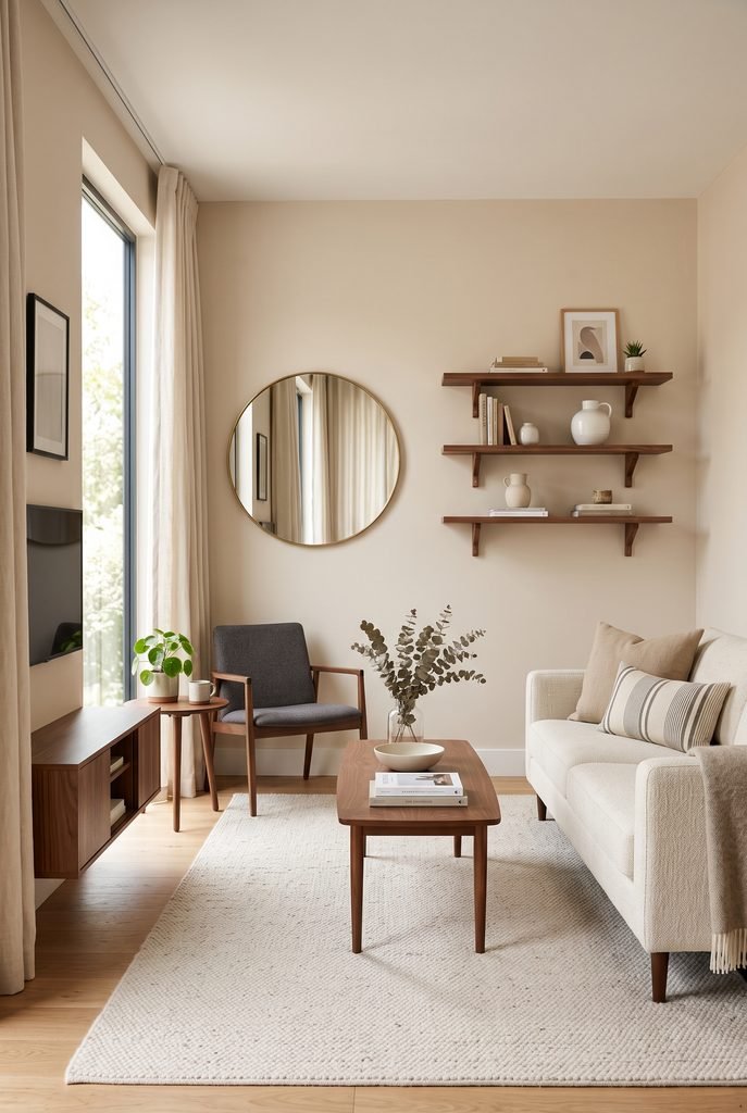 Small modern living room with compact furniture and smart storage