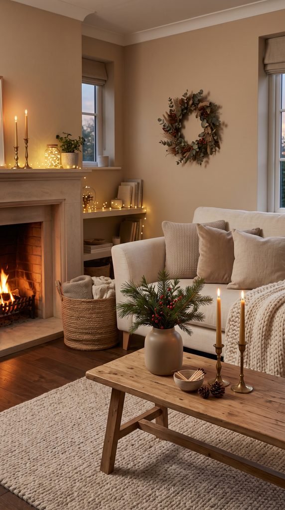 Cozy living room with subtle seasonal greenery, warm lights, and neutral textiles