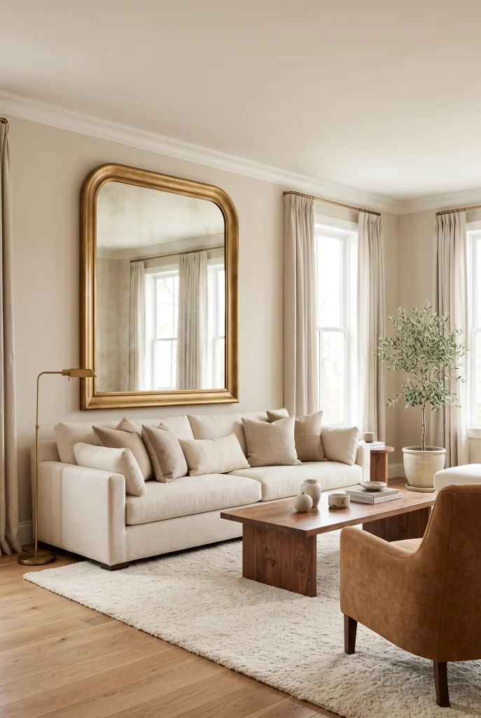 Elegant living room with large brass-framed mirror above a cream sofa