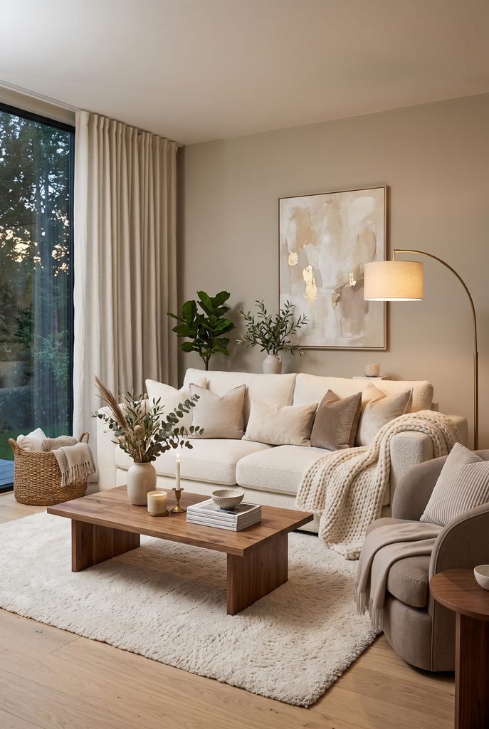 Cozy modern living room with layered cream and beige neutrals