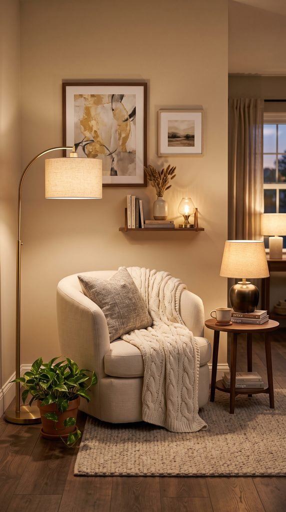 Cozy living room nook with layered lamps, armchair, side table, and knitted throw