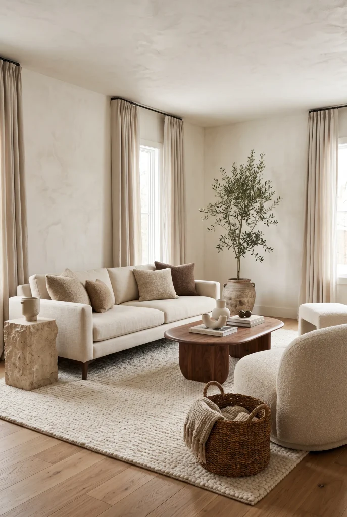 Organic modern living room with cream sofa, rounded walnut table, natural stone, and greenery
