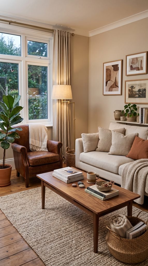 Collected cozy living room with books, ceramics, greenery, layered textiles, and warm lighting