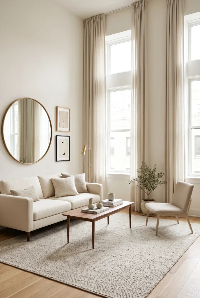 Small sophisticated living room with compact cream sofa, walnut table, large rug, and open floor space