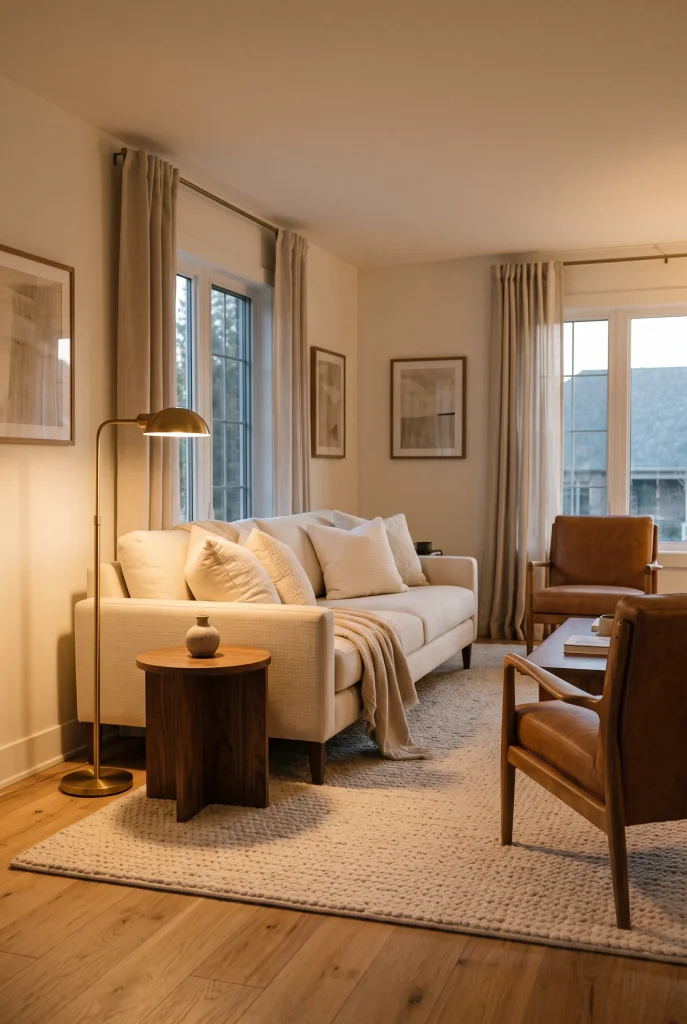 Elegant living room with cream sofa, walnut side table, brass reading lamp, and neutral decor