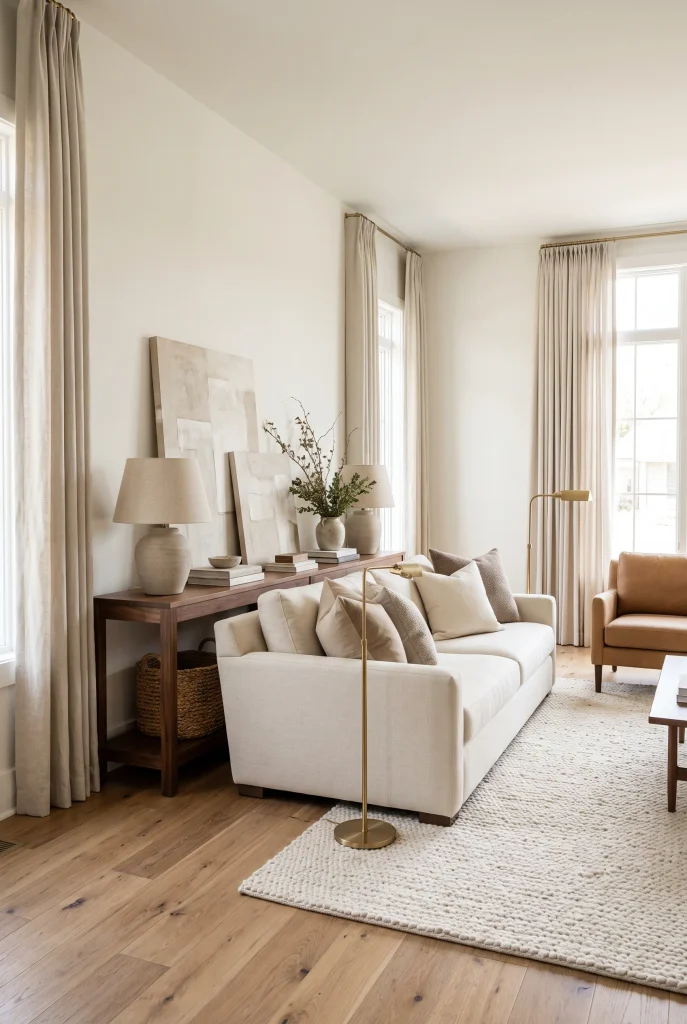 Cream sofa styled with layered ivory, beige, taupe, and caramel cushions