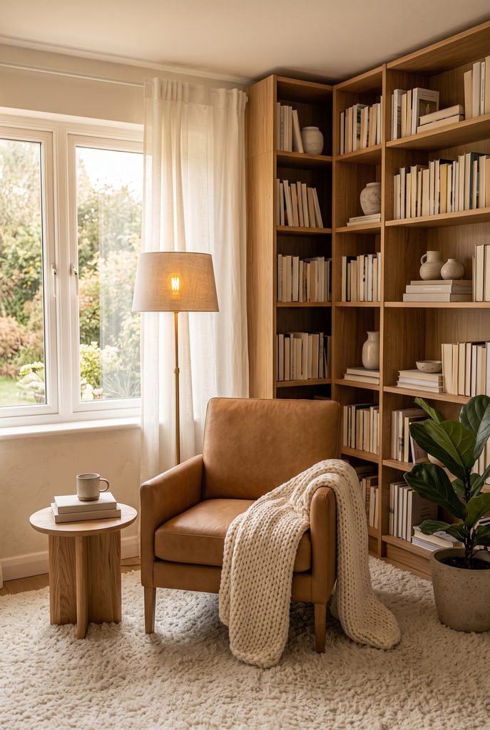 Warm reading corner with lounge chair, bookshelf, floor lamp, and knitted throw