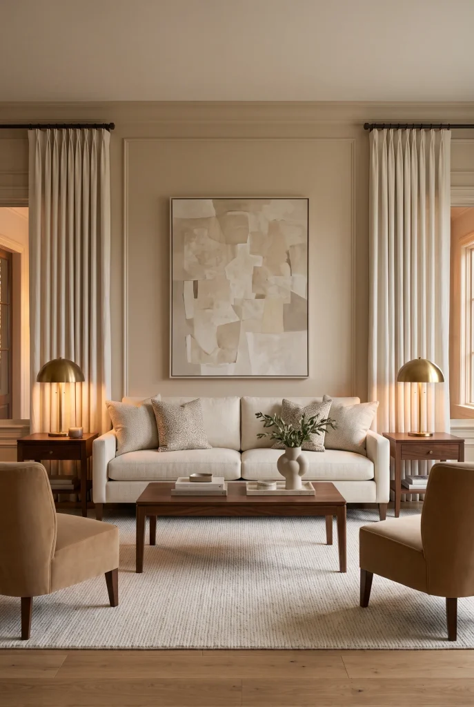 Elegant symmetrical living room with cream sofa, matching chairs, brass lamps, and neutral decor
