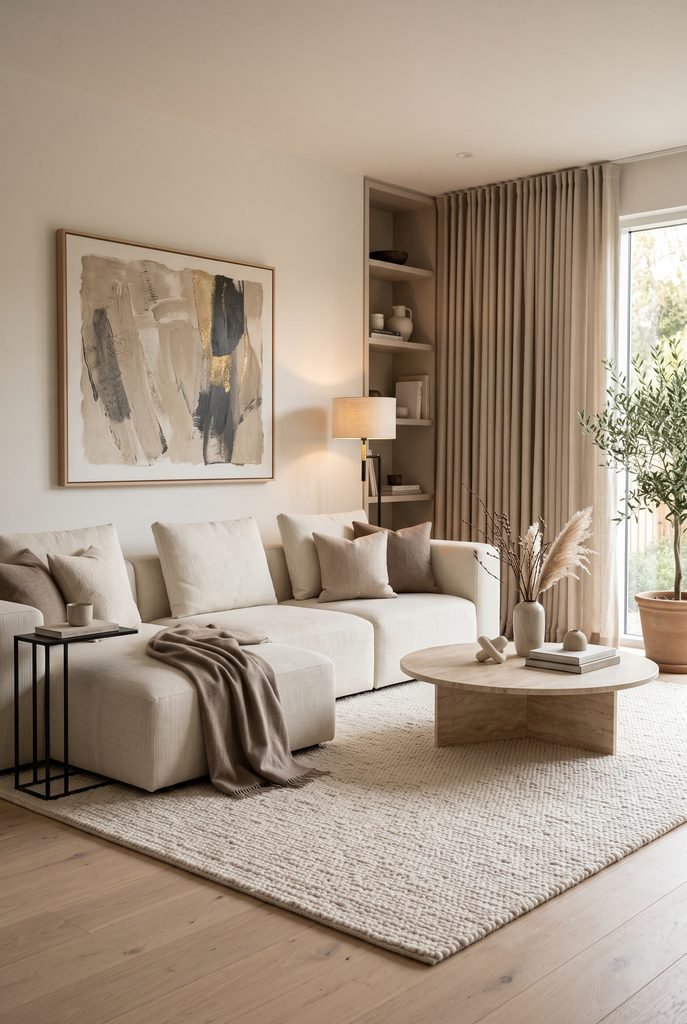 Contemporary living room with a low-profile cream sofa and clean-lined furniture