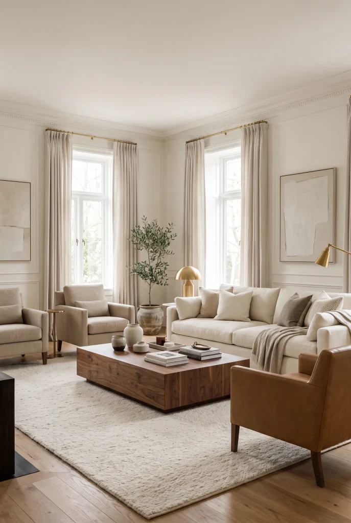 Living room with walnut console behind cream sofa, ceramic lamps, books, and greenery