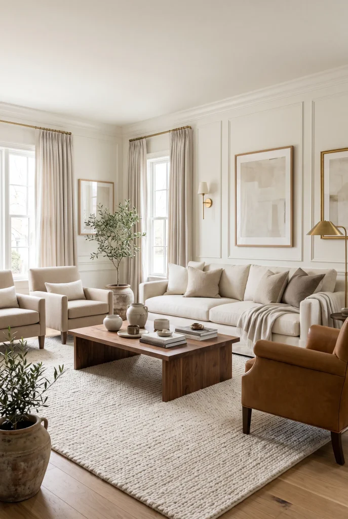 Timeless cozy living room with cream sofa, beige chairs, walnut coffee table, and brass lighting