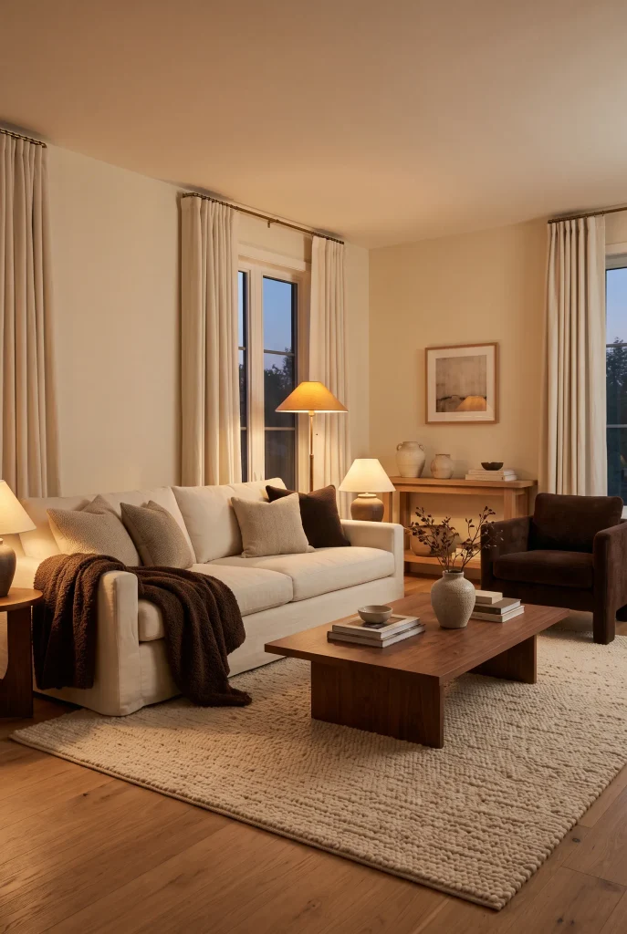 Cozy brown and cream living room with ivory sofa, walnut table, and warm lighting