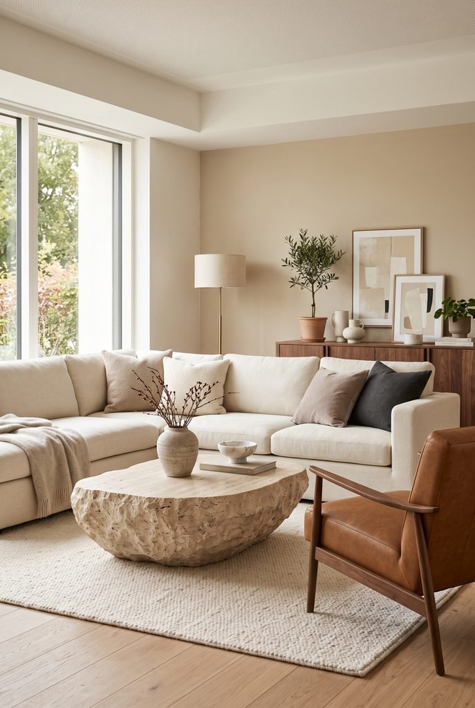 Modern living room featuring a sculptural stone coffee table and neutral seating