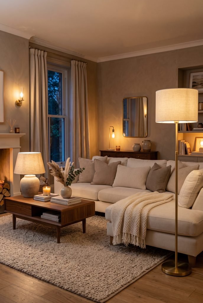 Cozy living room with layered warm ambient lighting and neutral furnishings