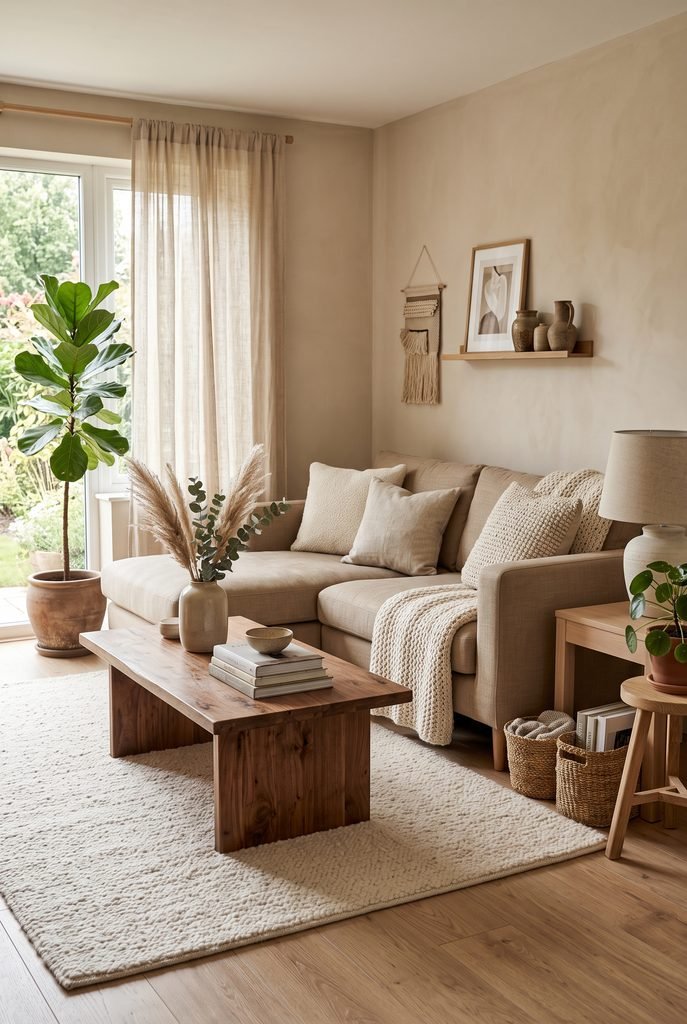 Living room featuring natural wood furniture, woven baskets, and warm neutral decor