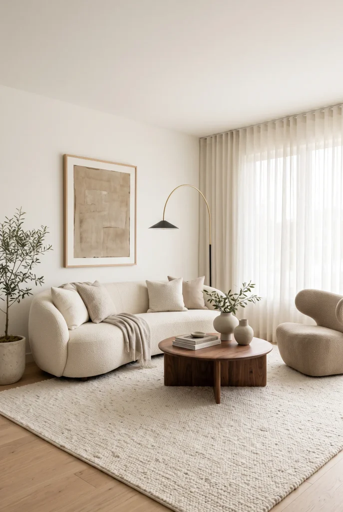 Modern living room with curved cream sofa, rounded walnut table, and sculptural neutral furniture
