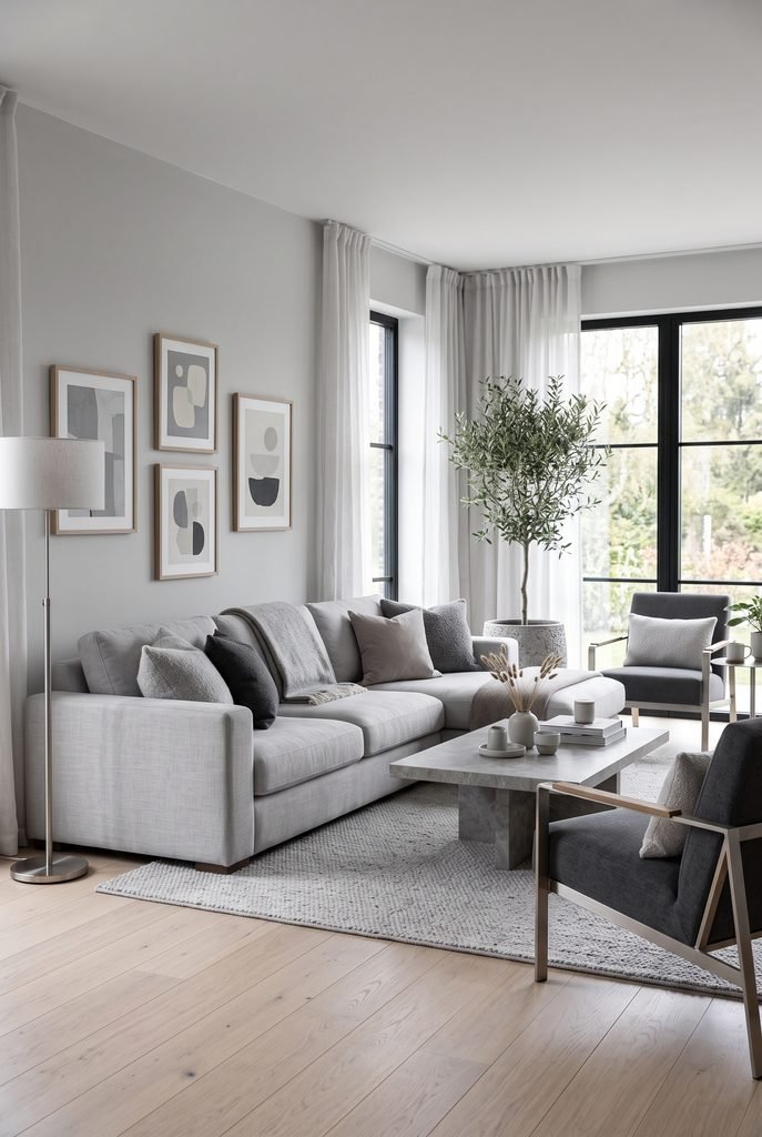 Sophisticated soft gray modern living room with layered gray furniture and decor