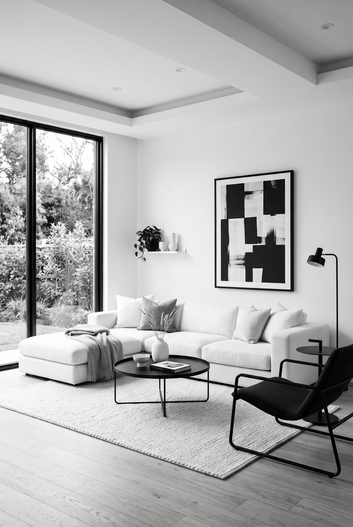 Black and white modern living room with cream seating and natural wood accents