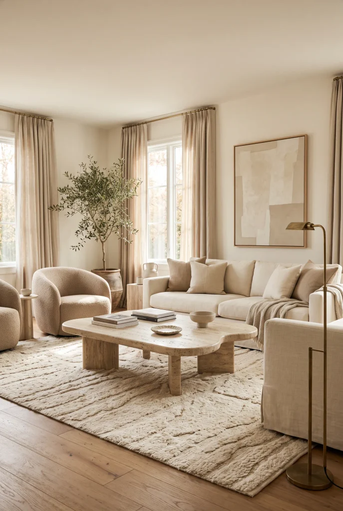 Sophisticated living room with statement natural stone coffee table and cream seating