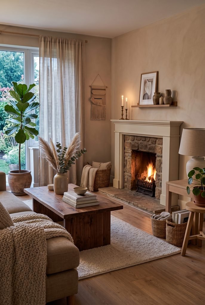 Cozy living room with fireplace, cream sofa, textured rug, and warm firelight