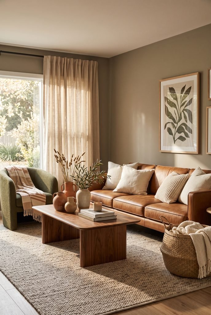 Earthy living room decorated with terracotta, olive green, caramel, and neutral tones