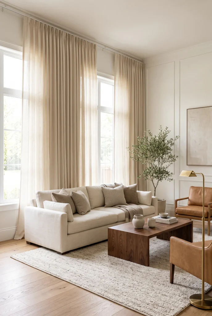 Elegant living room with floor-to-ceiling ivory linen curtains and warm neutral furniture