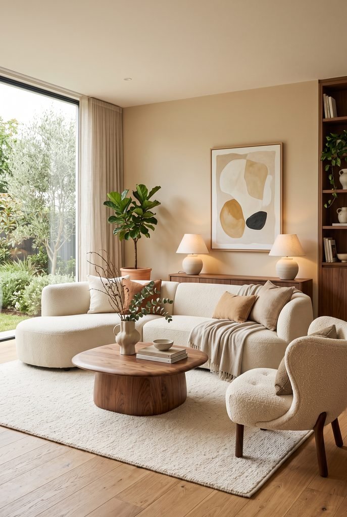 Modern living room with curved cream furniture and rounded contemporary decor