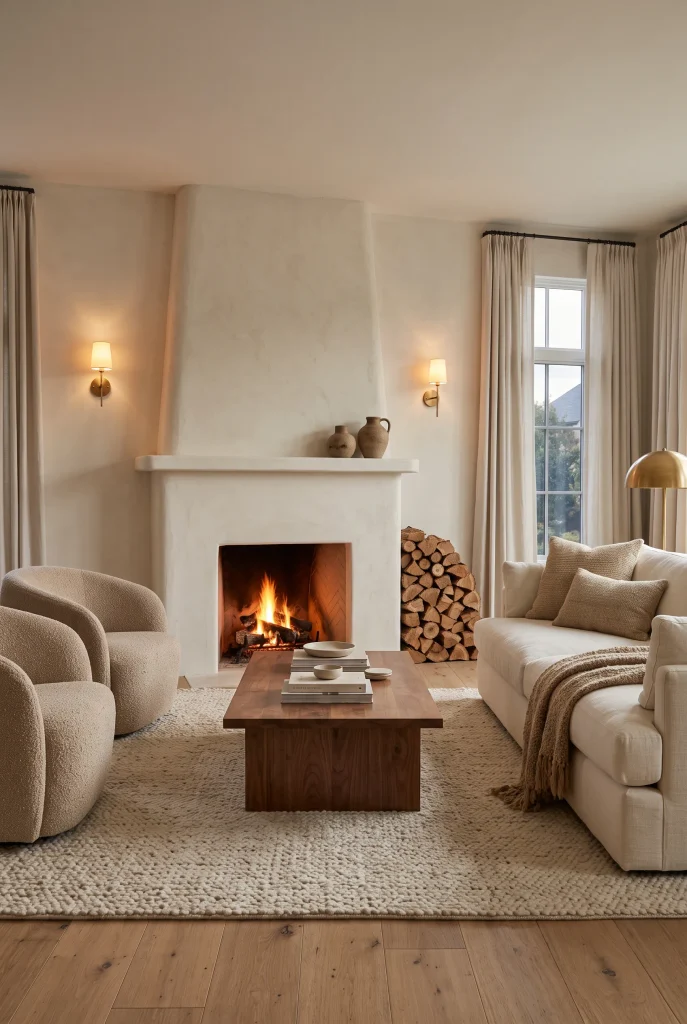 Cozy living room with plaster fireplace, cream sofa, beige chairs, and warm lighting