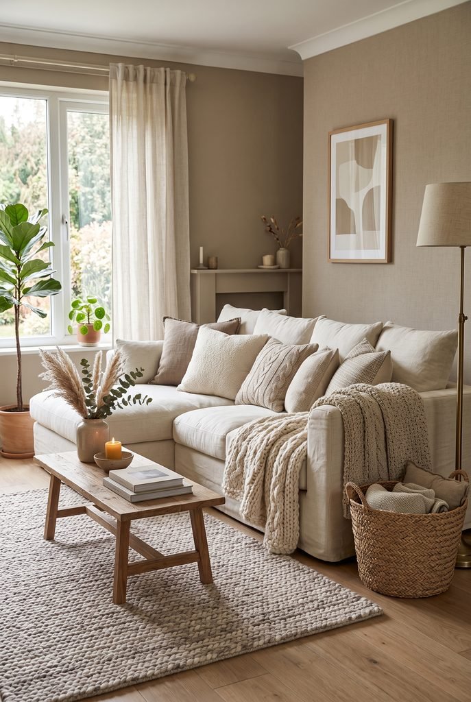 Cream sofa styled with textured cushions and chunky knitted throws