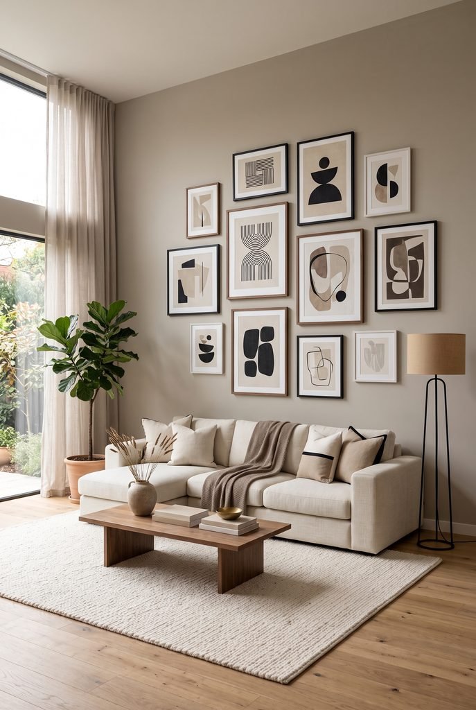 Modern living room with a curated gallery wall above a cream sofa