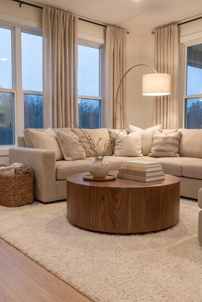 Cozy living room with round walnut coffee table and plush beige seating