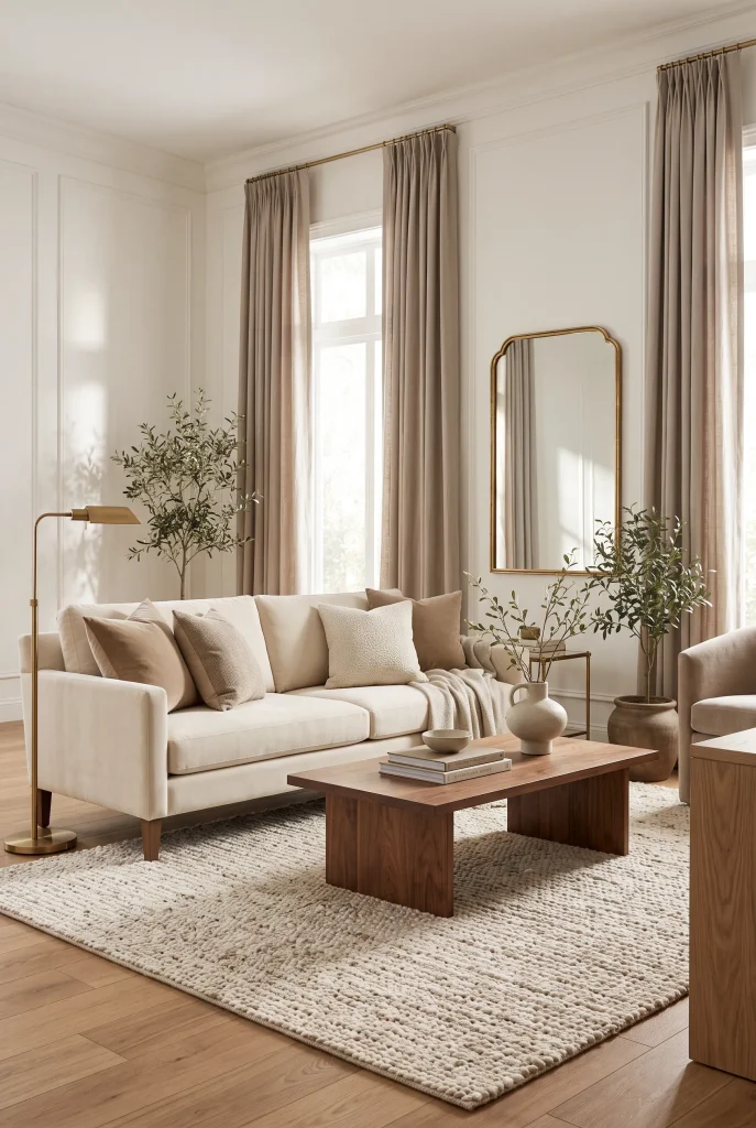 Refined living room with cream sofa, walnut furniture, brass lighting, and neutral decor