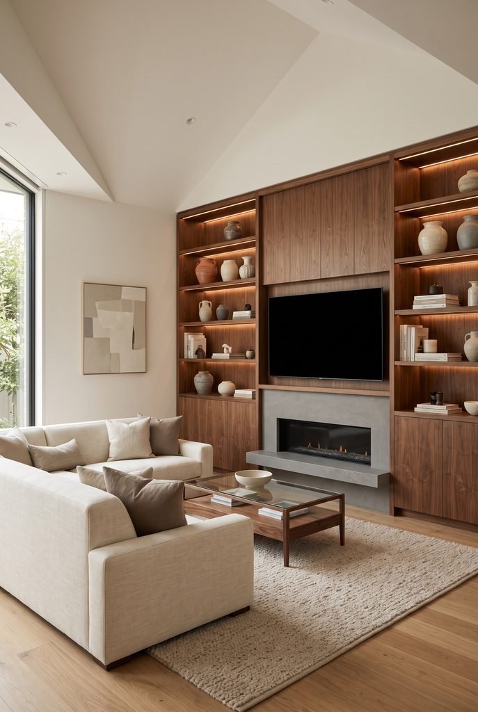 Contemporary living room with built-in shelving, wood cabinetry, and warm lighting