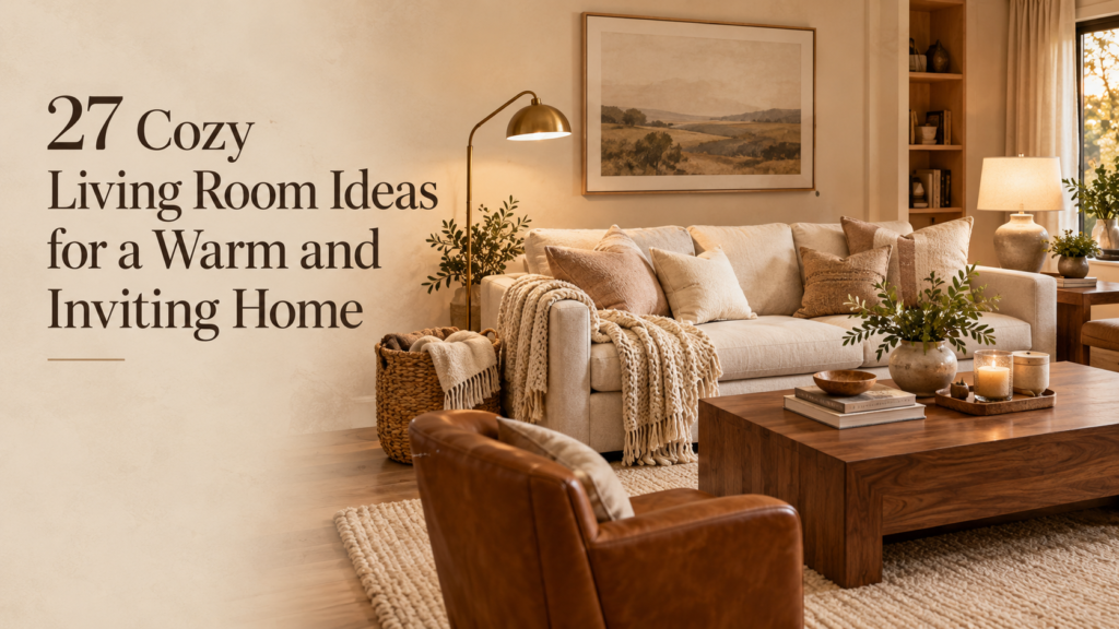 Cozy living room with cream sofa, textured rug, warm lighting, natural wood, and inviting neutral decor