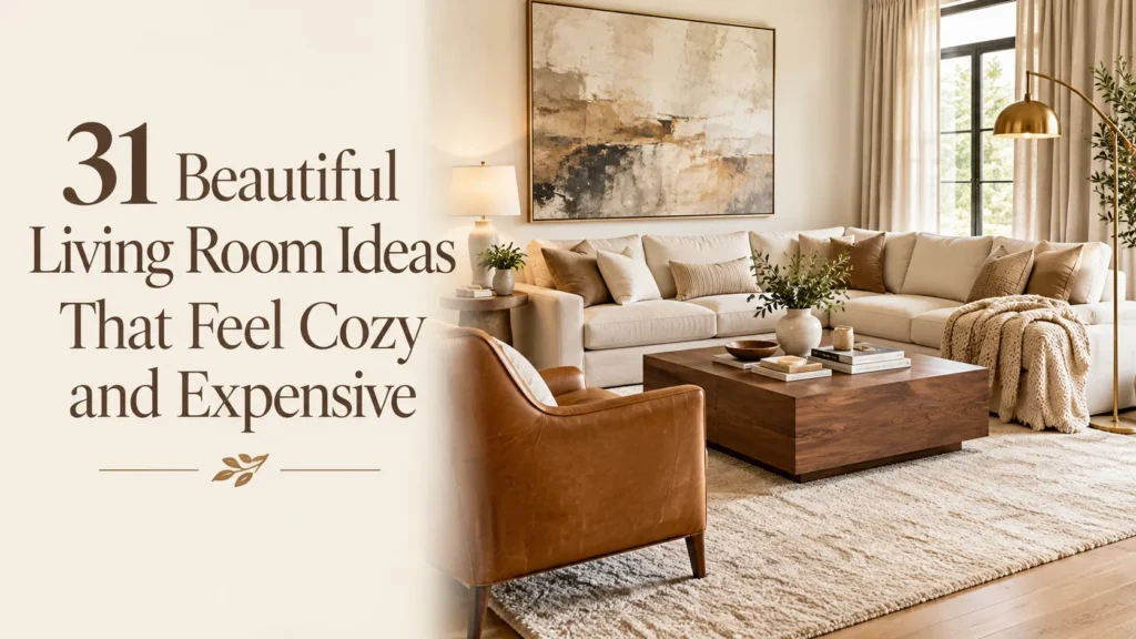 Cozy elegant living room with cream sofa, walnut coffee table, beige rug, caramel chair, and warm brass lighting